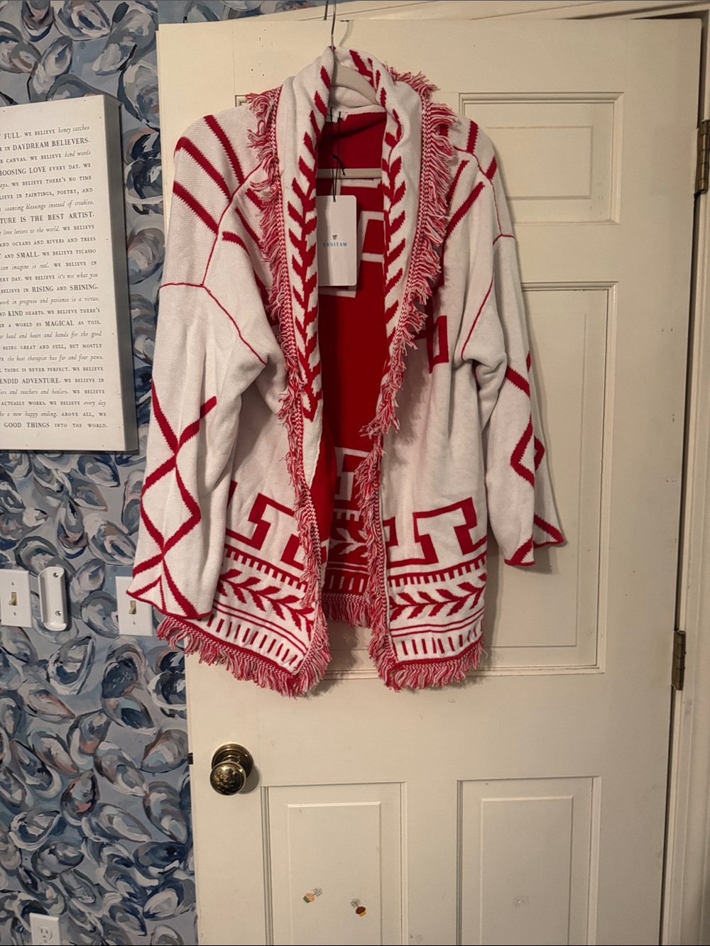 Reversible Fringe Trim Red and White Patterned Cardigan 4
B1